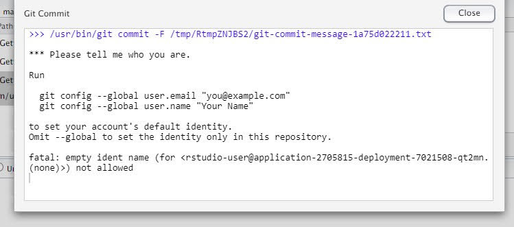 Image of common git error. Pop-up is titled Git Commit and states ***Please tell me who you are.***. Following lines offer instructions that are detailed below.